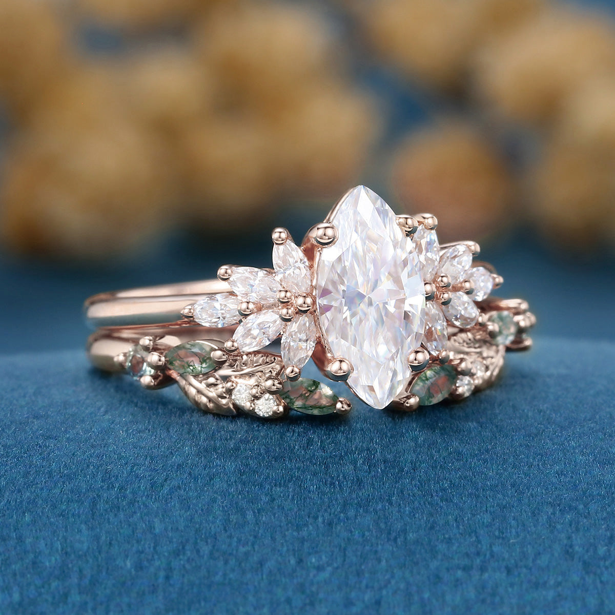 Marquise cut Moissanite Engagement ring +Moss agate Wedding Bridal set