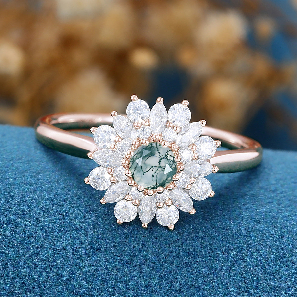 Round Cut Natural Green Moss Agate Cluster Engagement Ring