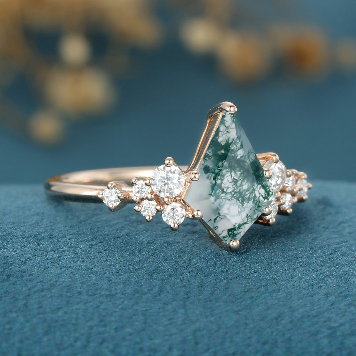 Kite Cut Natural Green Moss Agate Cluster Engagement Ring
