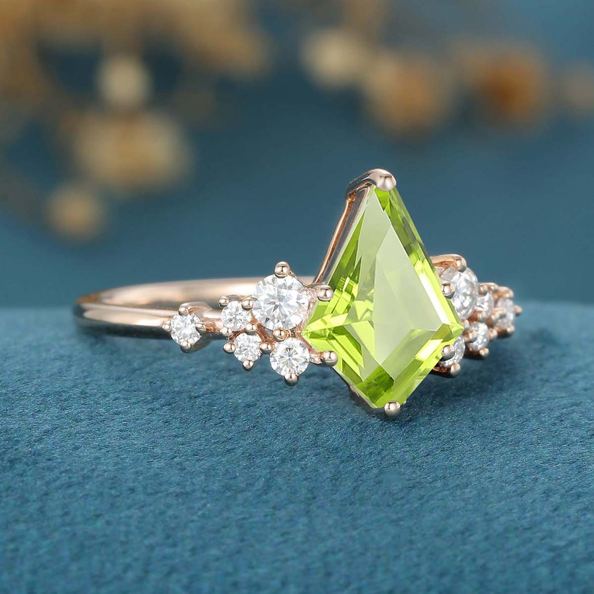 Kite Cut Olivine Cluster Engagement Ring