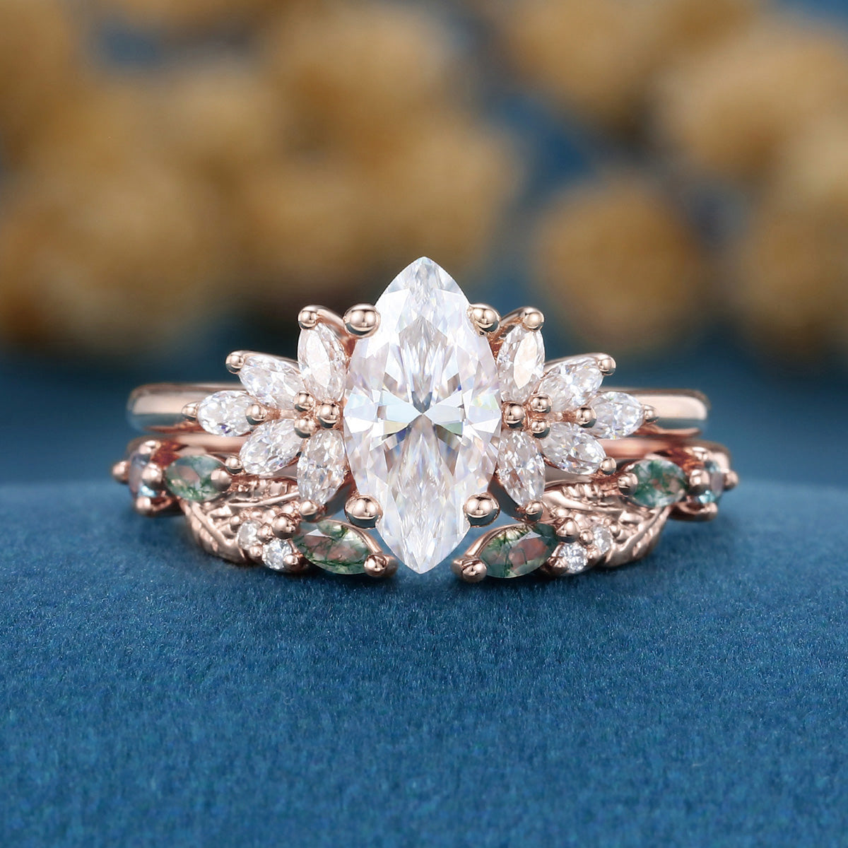 Marquise cut Moissanite Engagement ring +Moss agate Wedding Bridal set