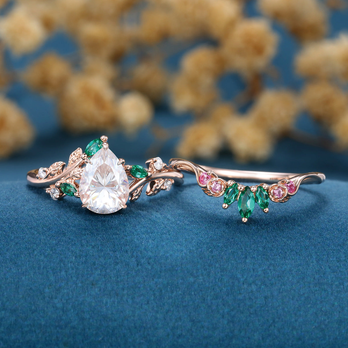 Pear Moissanite Engagement ring + Pink Sapphire | Lab Emerald Curved Wedding bridal set