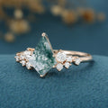 Kite Cut Natural Green Moss Agate Cluster Engagement Ring