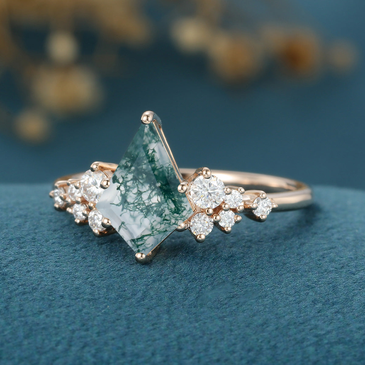 Kite Cut Natural Green Moss Agate Cluster Engagement Ring