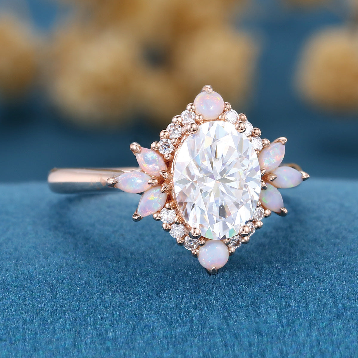 Oval cut Moissanite + Opalrose gold engagement ring