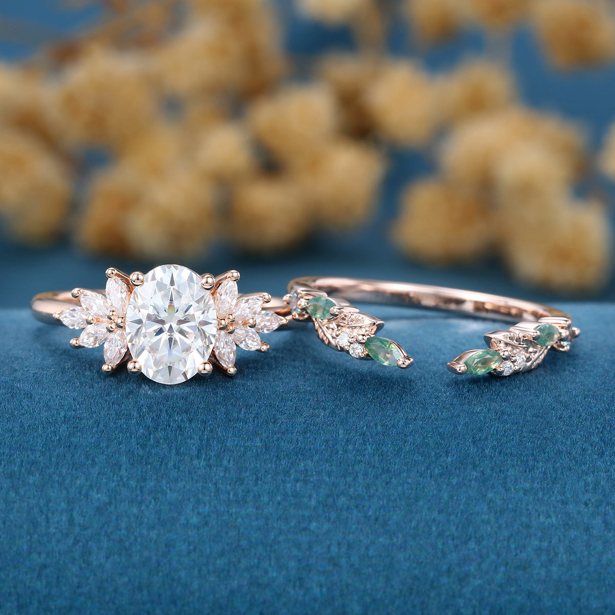 Oval cut Moissanite Engagement ring +Moss agate Wedding Bridal set