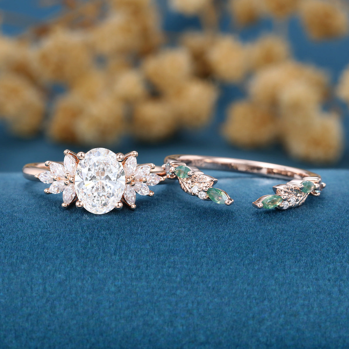 Oval cut Lab-Grown Diamond Engagement ring +Moss agate Wedding Bridal set