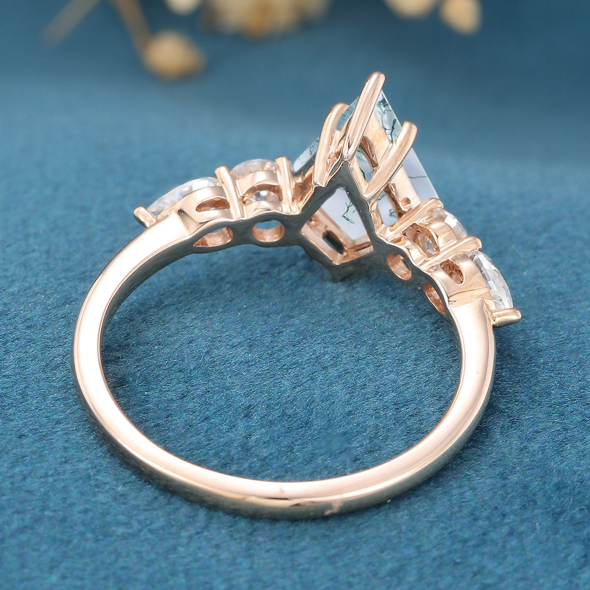 Kite Cut Natural Green Moss Agate Cluster Engagement Ring