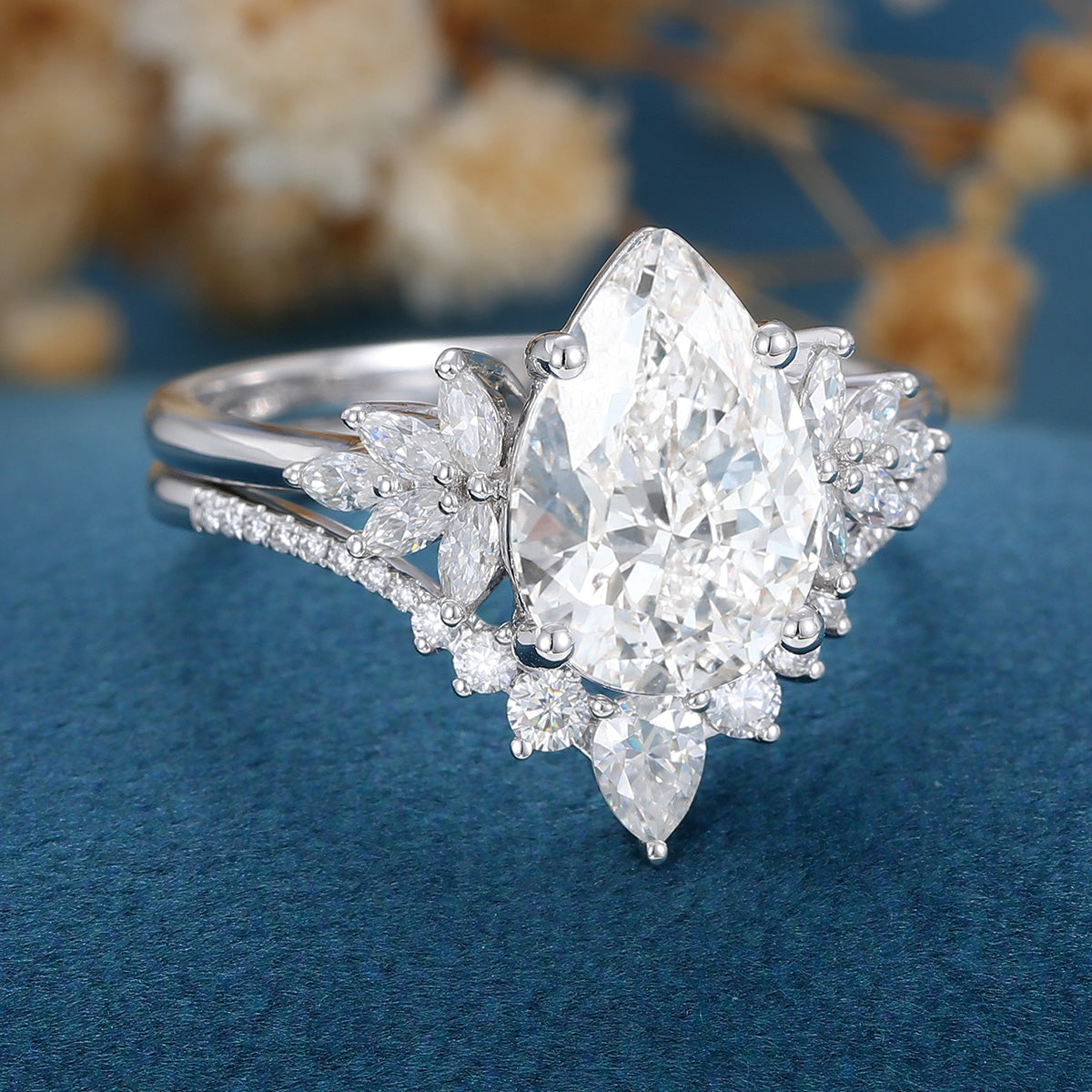 Pear cut Lab-Grown Diamond Engagement ring Rose gold Cluster Diamond Wedding Bridal Set