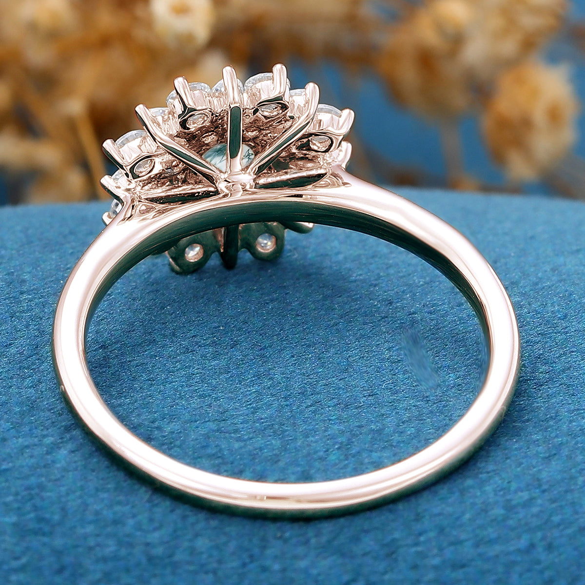 Round Cut Natural Green Moss Agate Cluster Engagement Ring