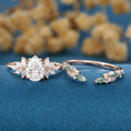 Pear cut Moissanite Engagement ring +Moss agate Wedding Bridal set