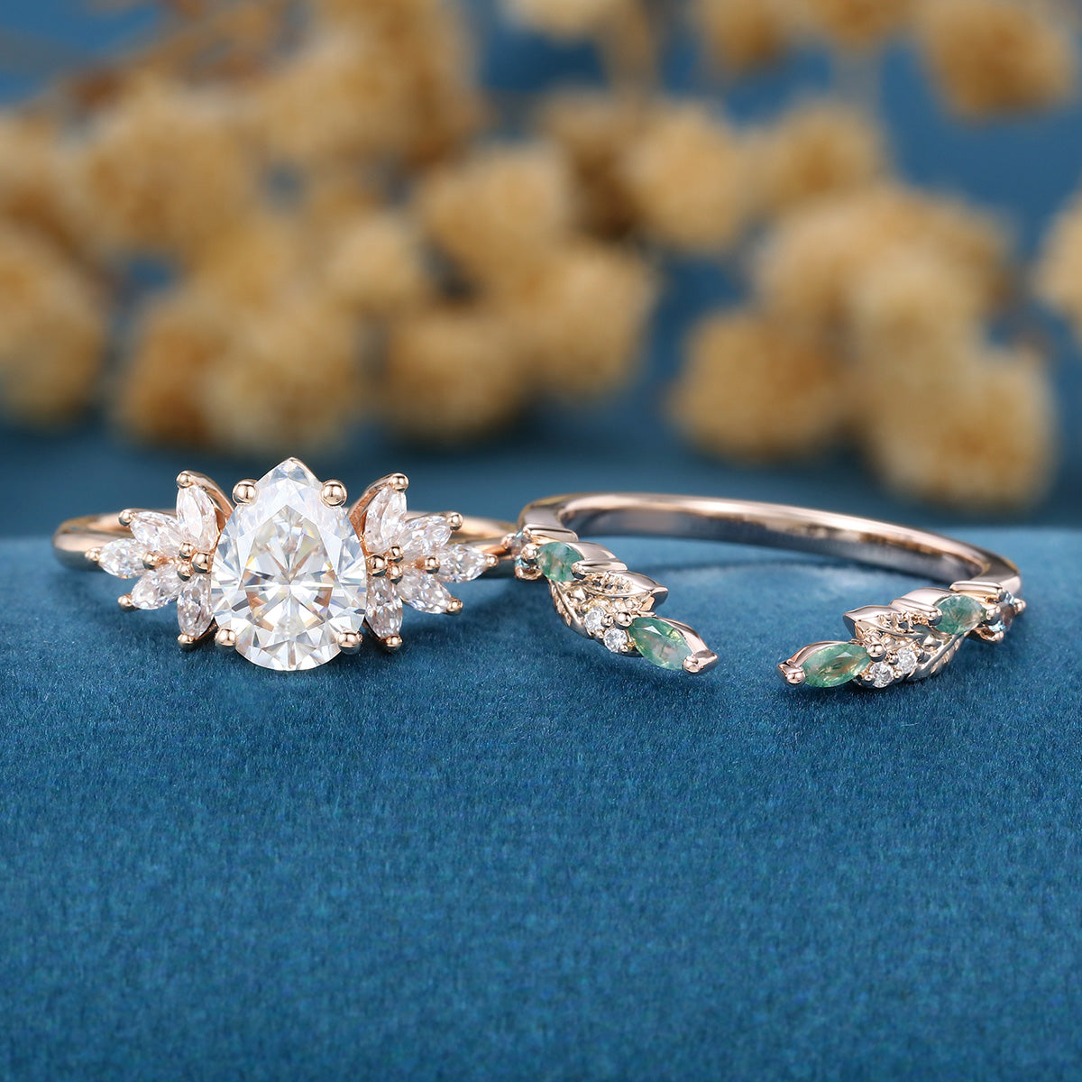 Pear cut Moissanite Engagement ring +Moss agate Wedding Bridal set