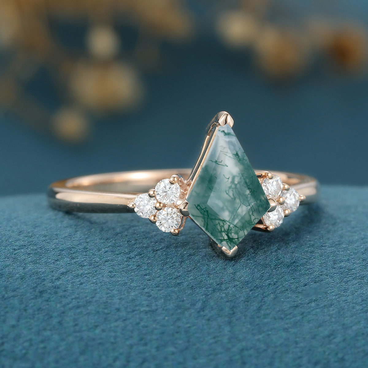 Kite Cut Natural Green Moss Agate Cluster Engagement Ring