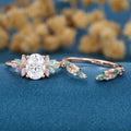 Oval cut Moissanite+ Opal Engagement ring Moss agate Wedding Bridal set
