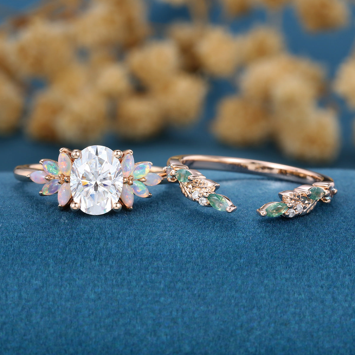 Oval cut Moissanite+ Opal Engagement ring Moss agate Wedding Bridal set
