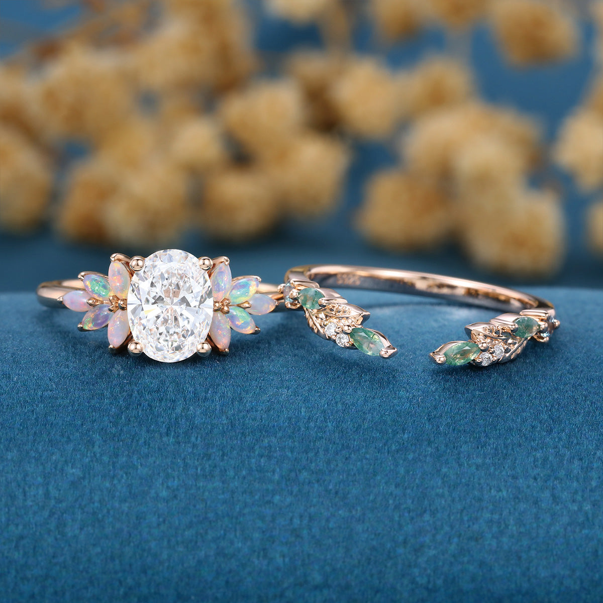 Oval cut Lab-Grown Diamond Engagement ring +Moss agate Wedding Bridal set