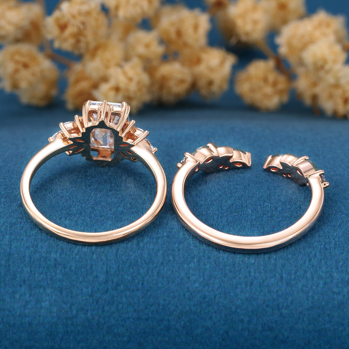 Emerald cut Moissanite Engagement ring +Moss agate Wedding Bridal set