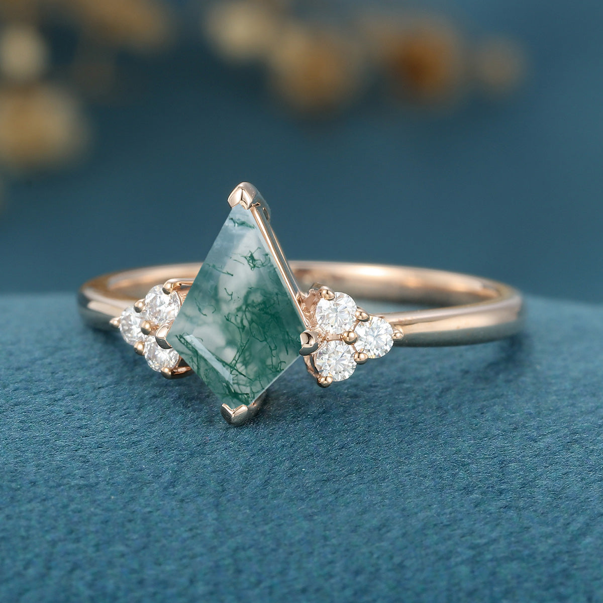 Kite Cut Natural Green Moss Agate Cluster Engagement Ring