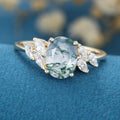 Oval Cut Natural Green Moss Agate Cluster Engagement Ring