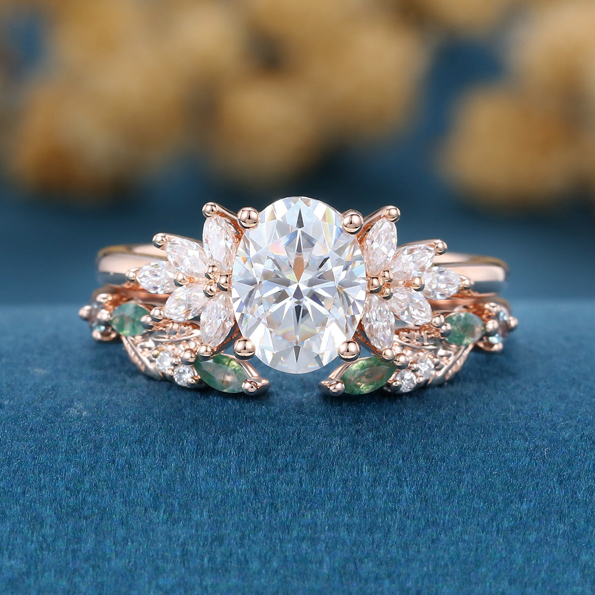 Oval cut Moissanite Engagement ring +Moss agate Wedding Bridal set