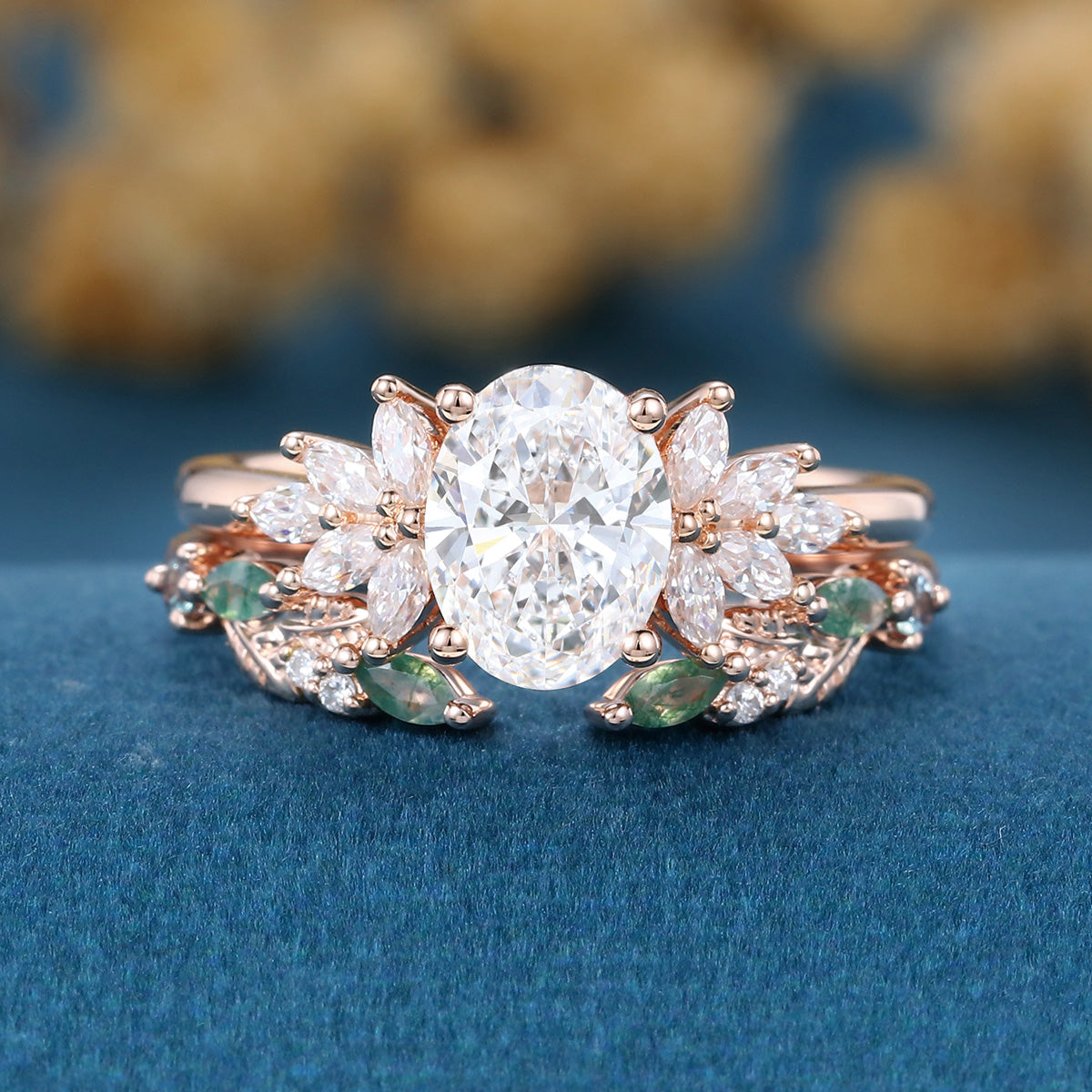 Oval cut Lab-Grown Diamond Engagement ring +Moss agate Wedding Bridal set