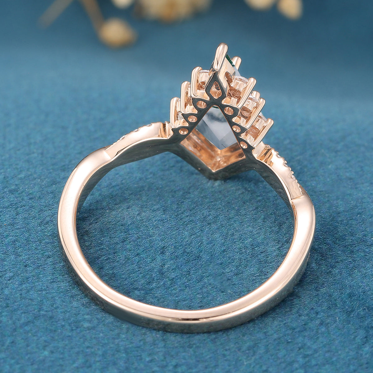 Kite Cut Natural Green Moss Agate Cluster Engagement Ring
