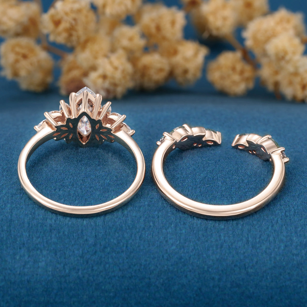 Marquise cut Moissanite Engagement ring +Moss agate Wedding Bridal set