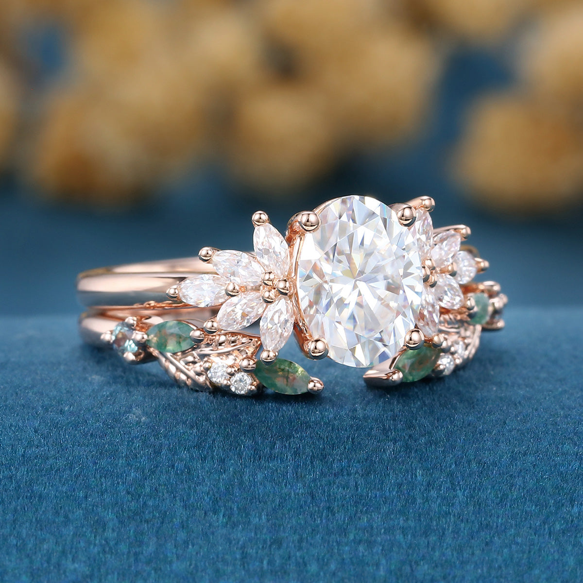 Oval cut Moissanite Engagement ring +Moss agate Wedding Bridal set