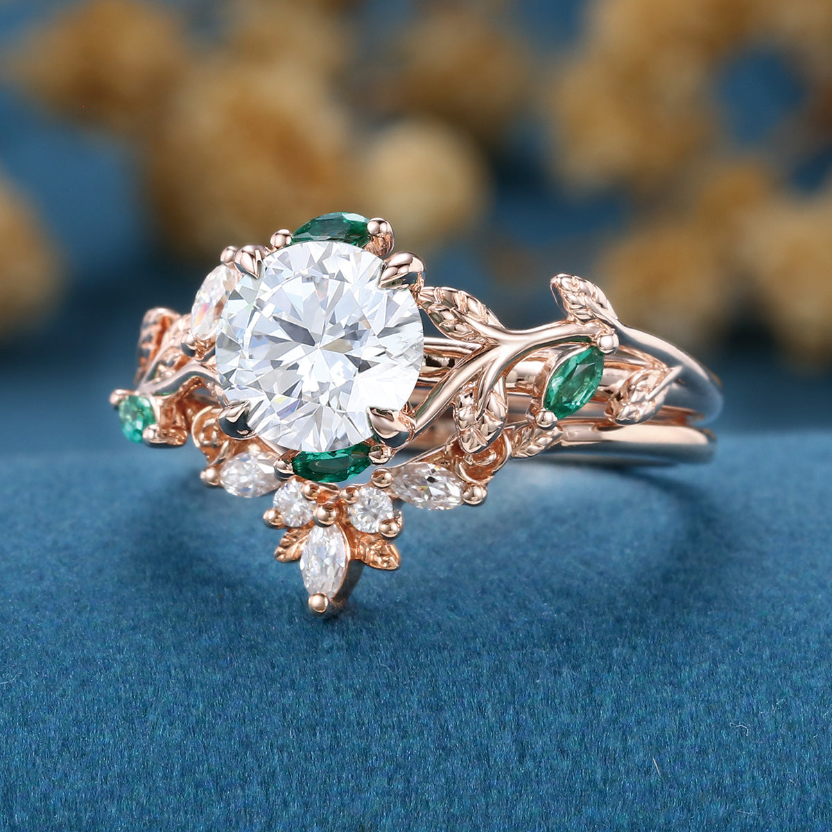 Pear Moissanite Engagement ring + Pink Sapphire | Lab Emerald Curved Wedding bridal set