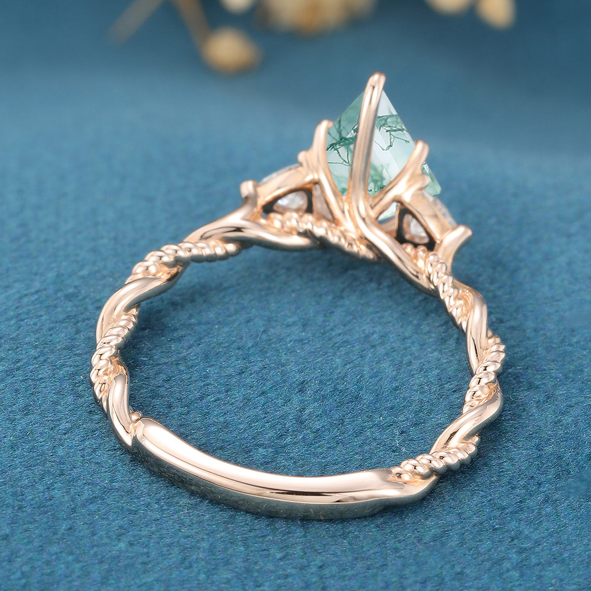 Kite Cut Natural Green Moss Agate Cluster Engagement Ring