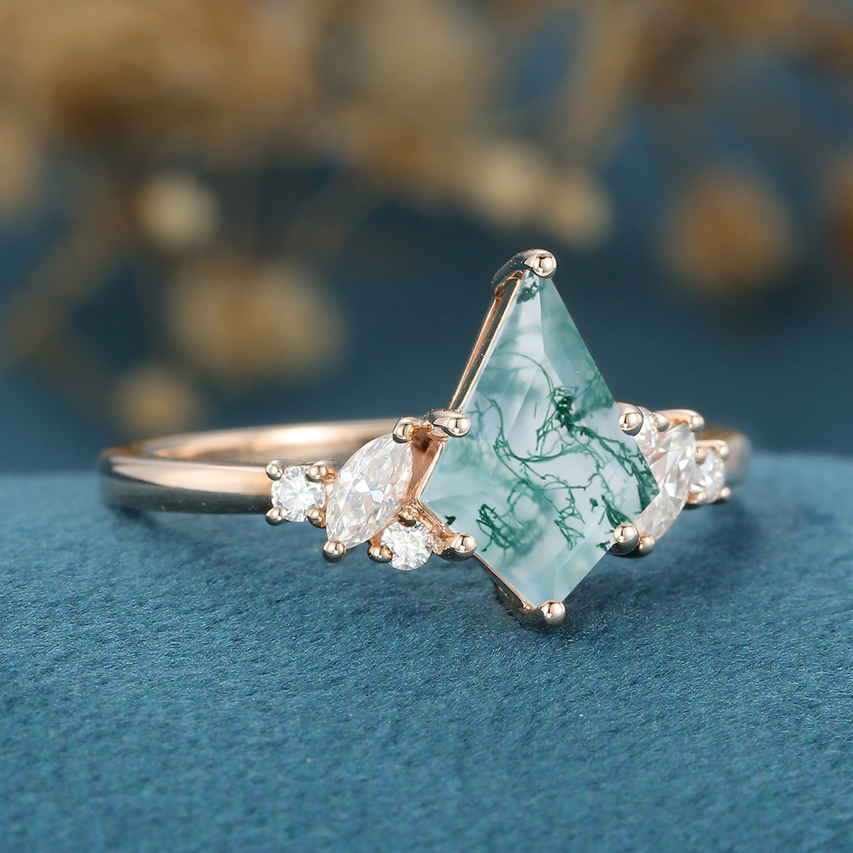 Kite Cut Natural Green Moss Agate Cluster Engagement Ring