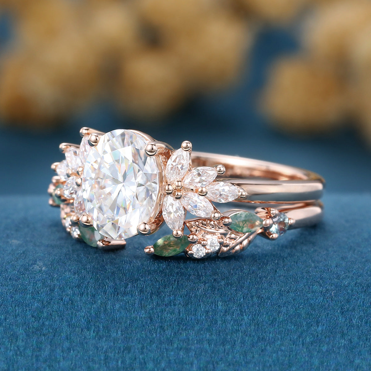 Oval cut Moissanite Engagement ring +Moss agate Wedding Bridal set