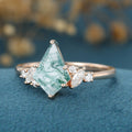 Kite Cut Natural Green Moss Agate Cluster Engagement Ring