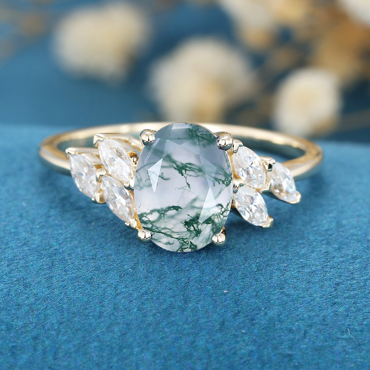 Oval Cut Natural Green Moss Agate Cluster Engagement Ring