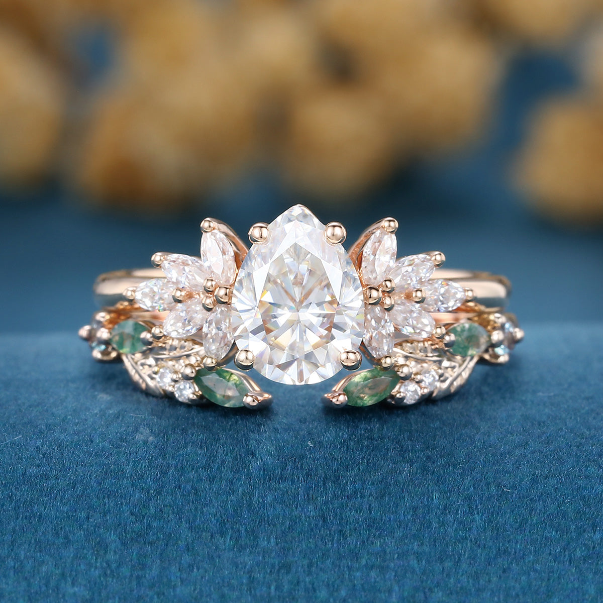 Pear cut Moissanite Engagement ring +Moss agate Wedding Bridal set