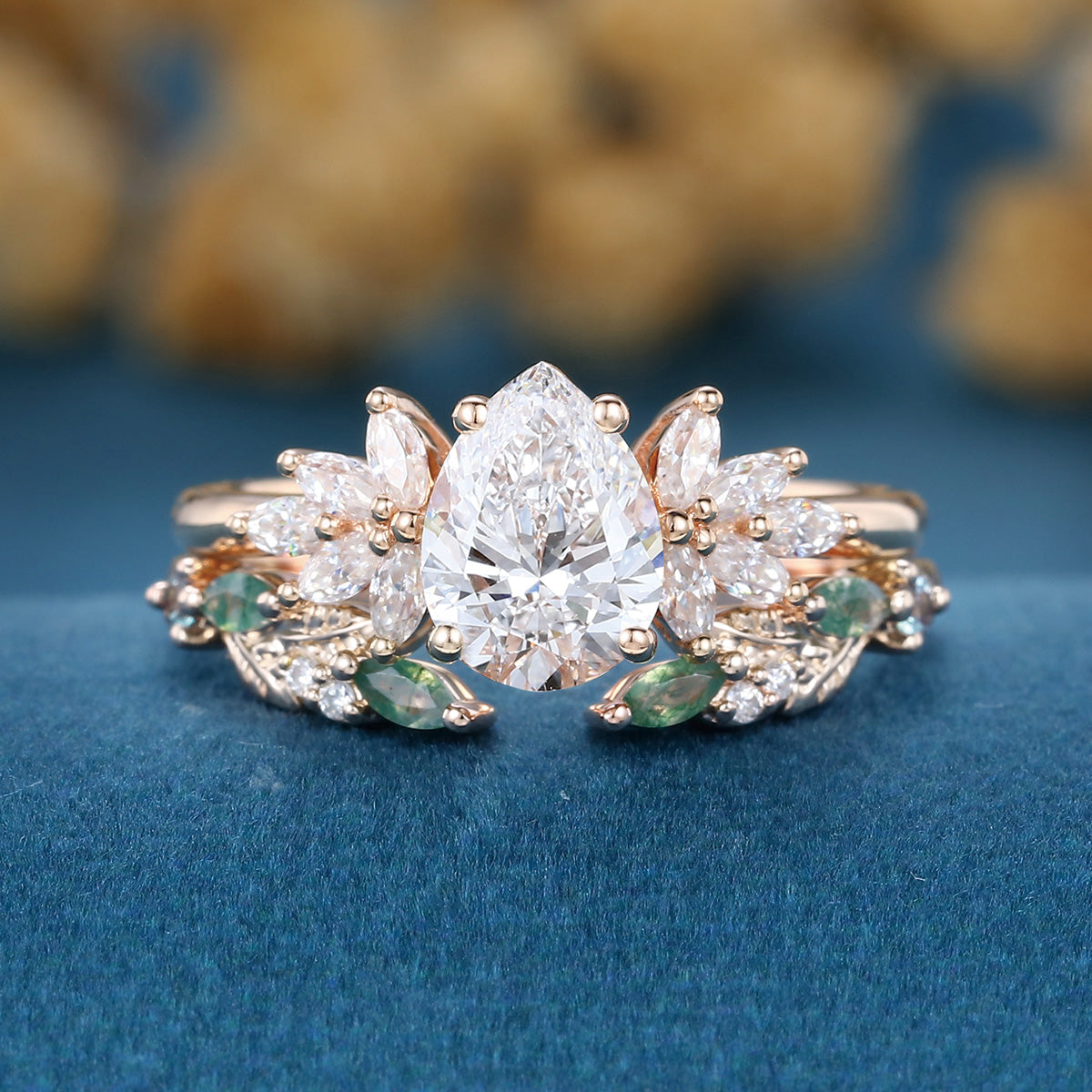 Pear cut Lab-Grown Diamond Engagement ring +Moss agate Wedding Bridal set