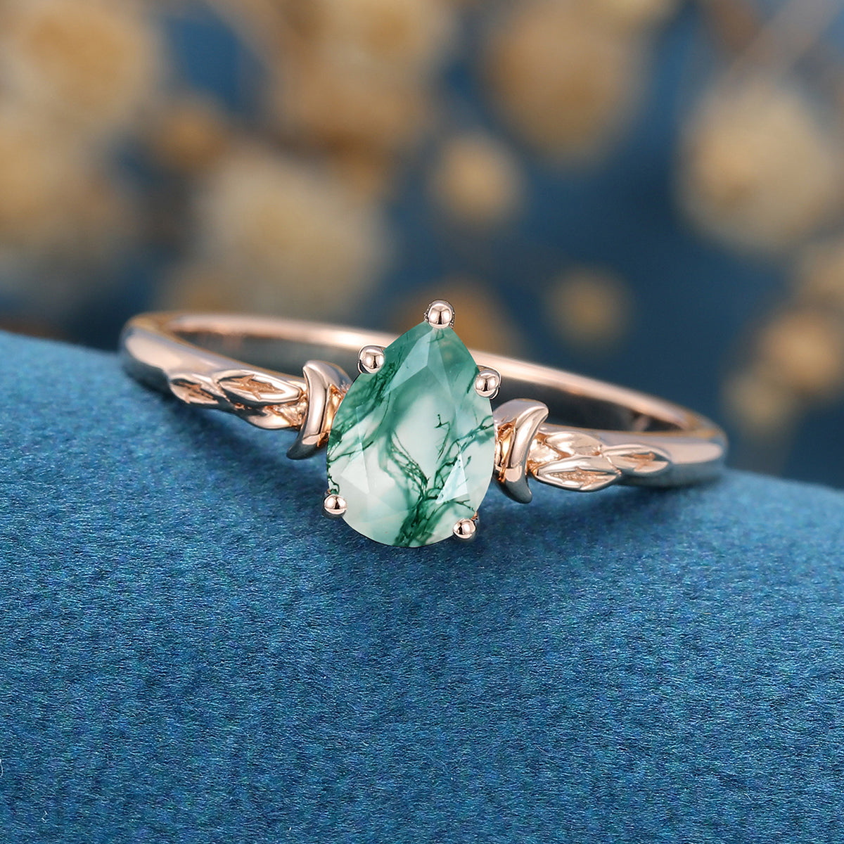Pear Cut Natural Green Moss Agate Cluster Engagement Ring