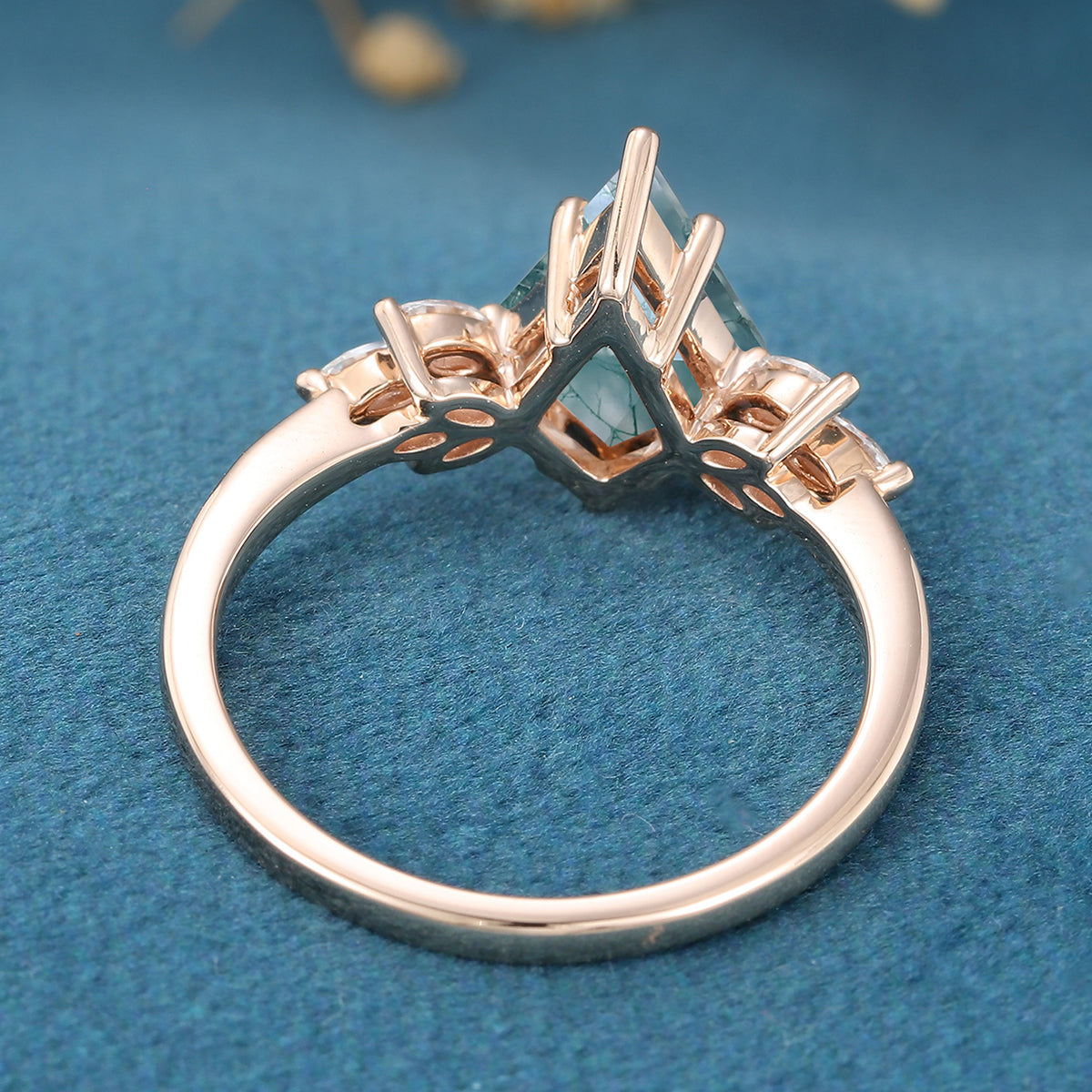 Kite Cut Natural Green Moss Agate Cluster Engagement Ring