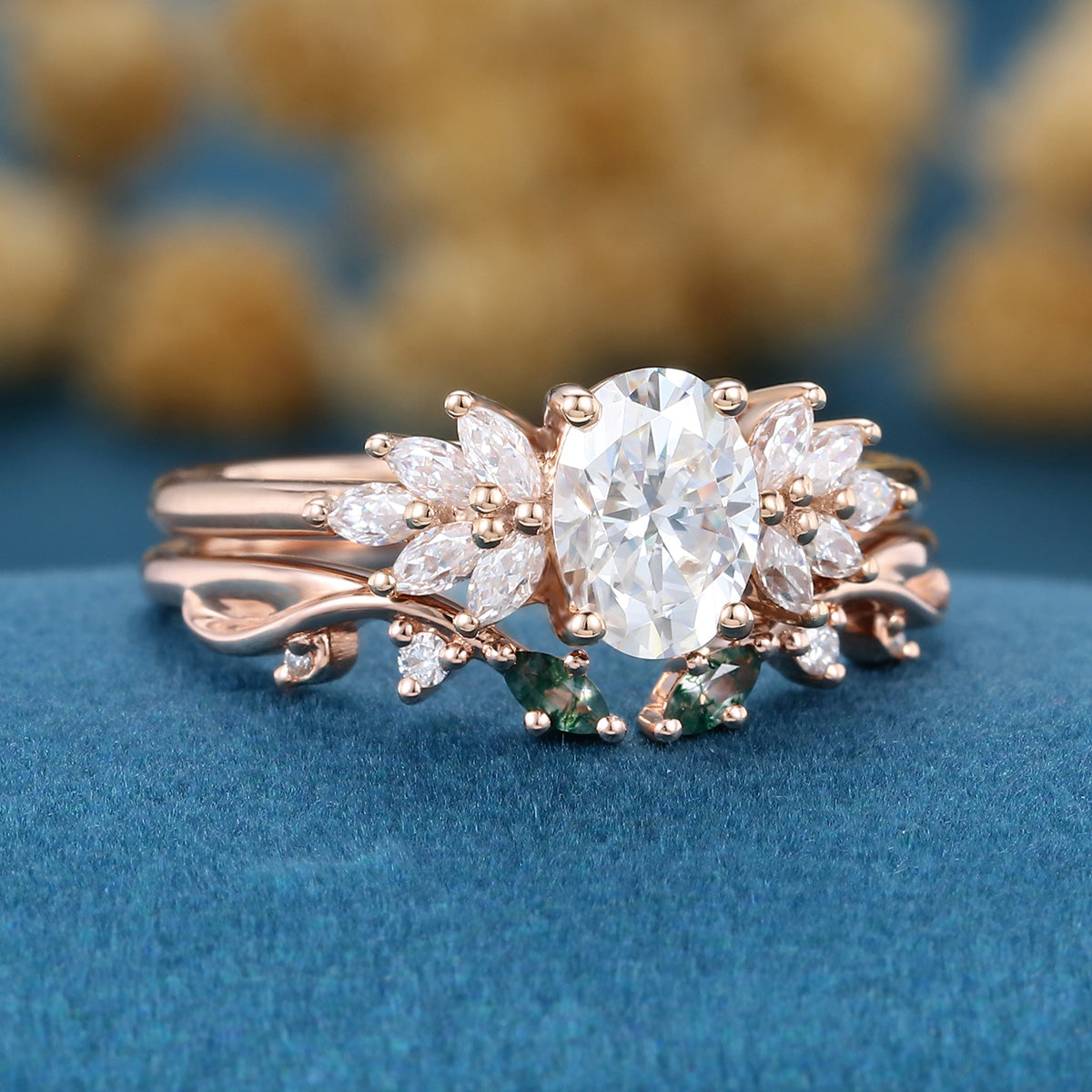 Oval cut 1.0 Carat Lab-Grown Diamond+Moss agate Wedding Bridal set