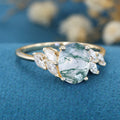 Oval Cut Natural Green Moss Agate Cluster Engagement Ring