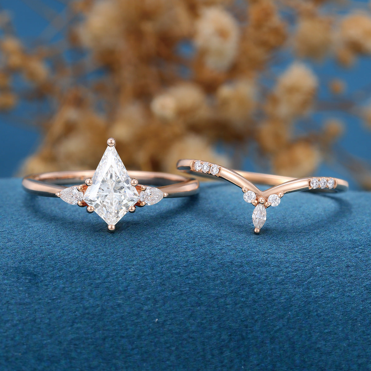 Kite cut Lab-Grown Diamond Rose gold Cluster Diamond Wedding Bridal Set