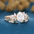 Pear cut Moissanite Engagement ring +Moss agate Wedding Bridal set