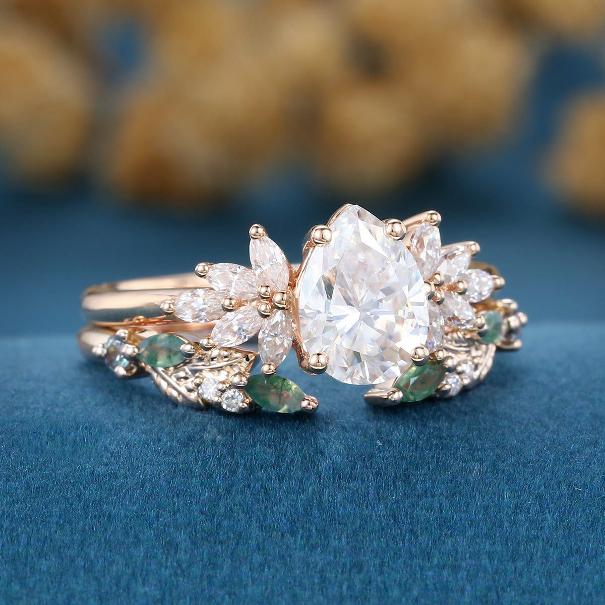 Pear cut Moissanite Engagement ring +Moss agate Wedding Bridal set