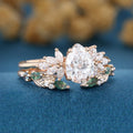 Pear cut Lab-Grown Diamond Engagement ring +Moss agate Wedding Bridal set