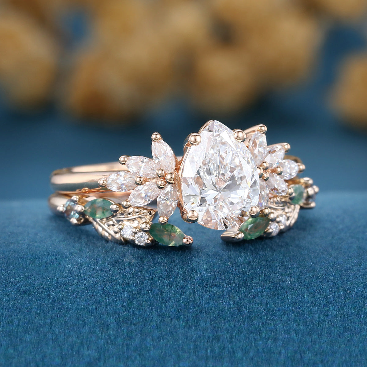 Pear cut Lab-Grown Diamond Engagement ring +Moss agate Wedding Bridal set
