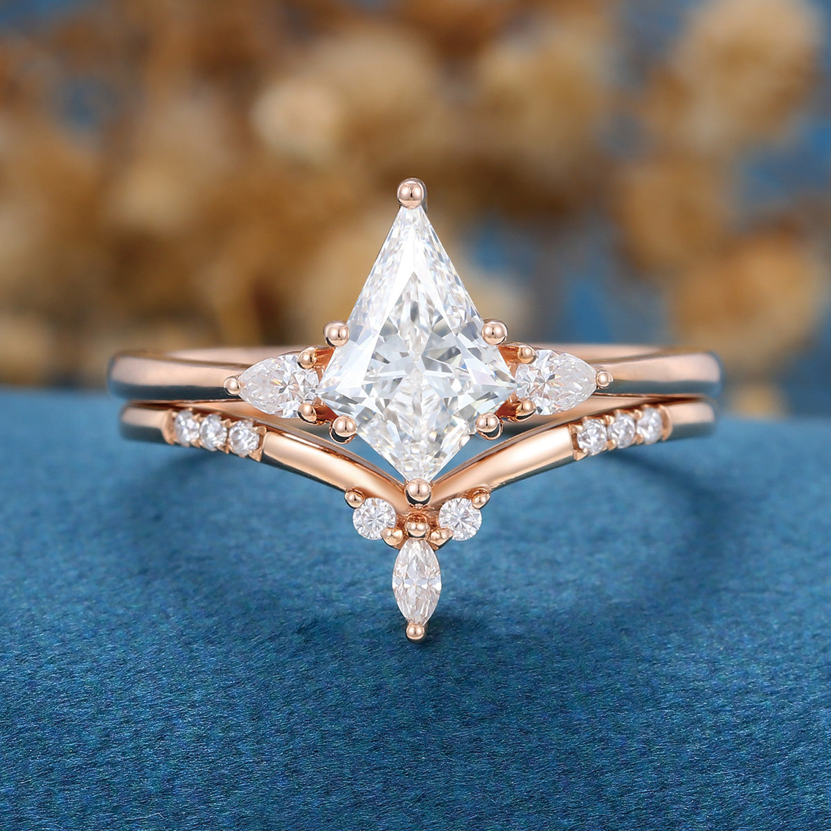 Kite cut Lab-Grown Diamond Rose gold Cluster Diamond Wedding Bridal Set