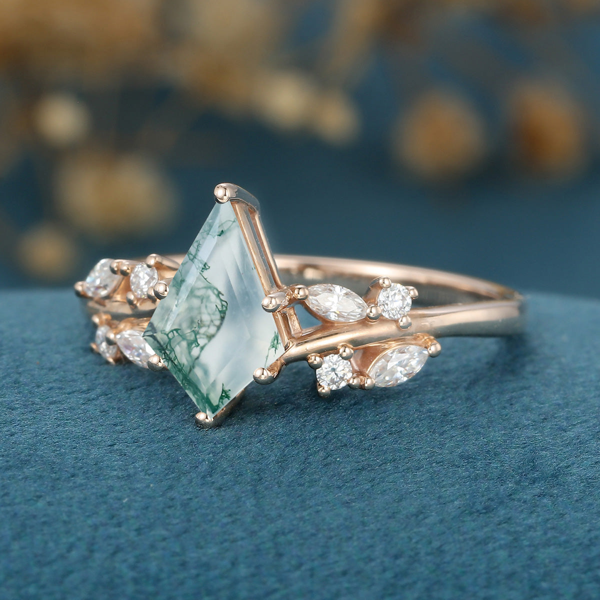 Kite Cut Natural Green Moss Agate Cluster Engagement Ring