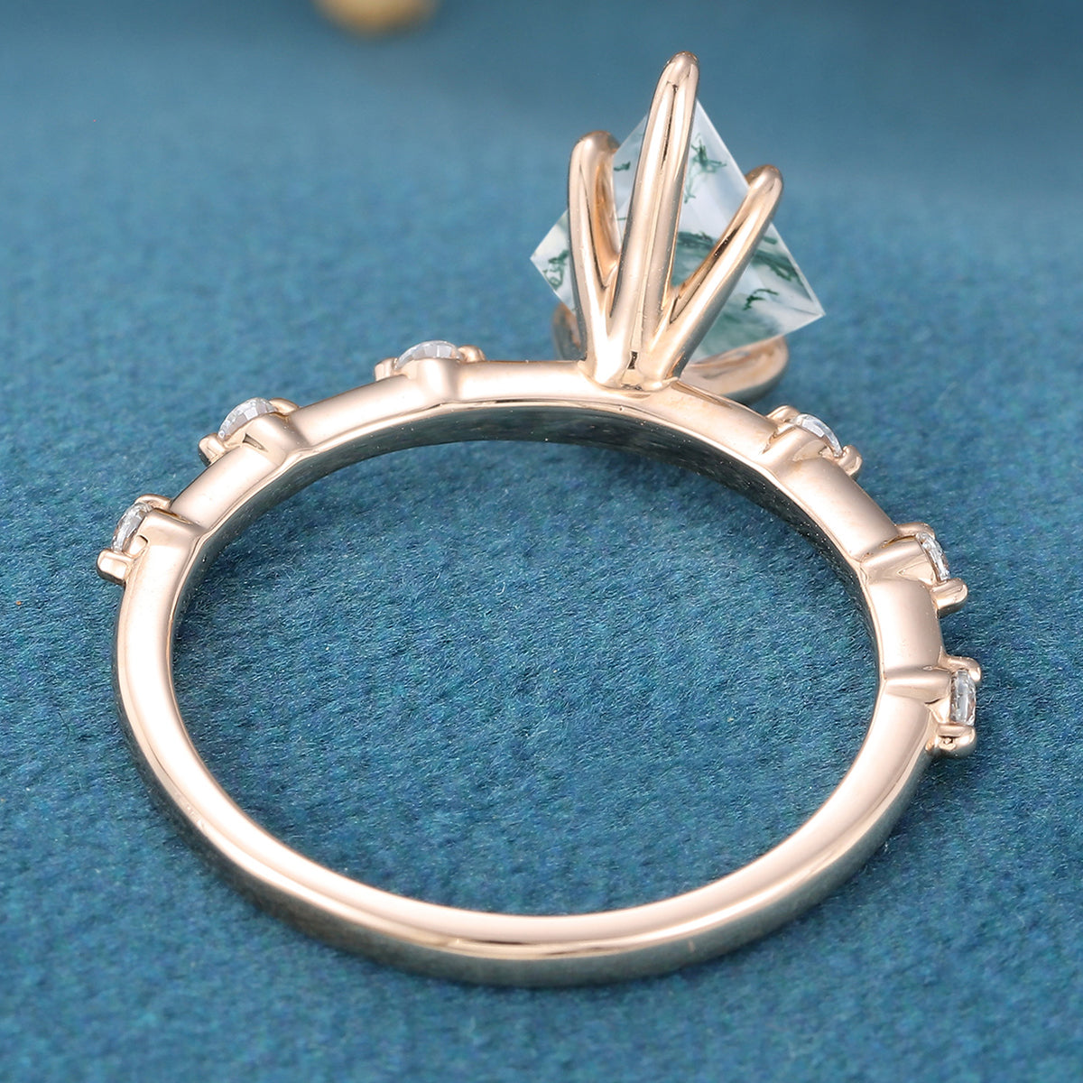 Kite Cut Natural Green Moss Agate Cluster Engagement Ring