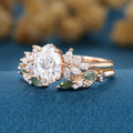 Pear cut Lab-Grown Diamond Engagement ring +Moss agate Wedding Bridal set