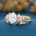 Pear cut Moissanite Engagement ring +Moss agate Wedding Bridal set